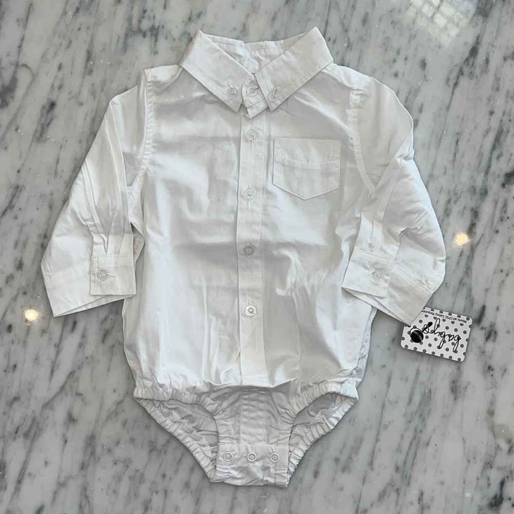 New Baby CZ Collared White Button Down Shirt Onesie for Babies Infants
